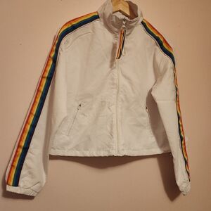 Ashley By 26 International White Rainbow Stripe Windbreaker Jacket L Y2K Retro